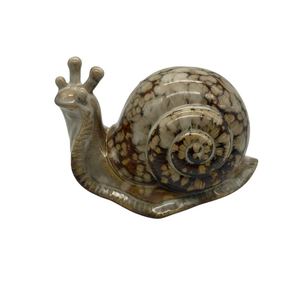Vintage Ceramic Snail Figurine Glossy Brown Drip Glaze Pottery Garden Decor 5.5